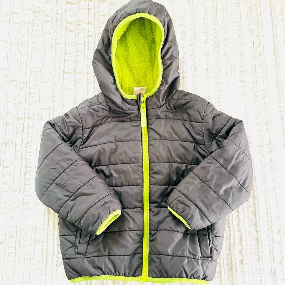 Kid’s Gray Hooded Puffer Jacket with Neon Green Accents